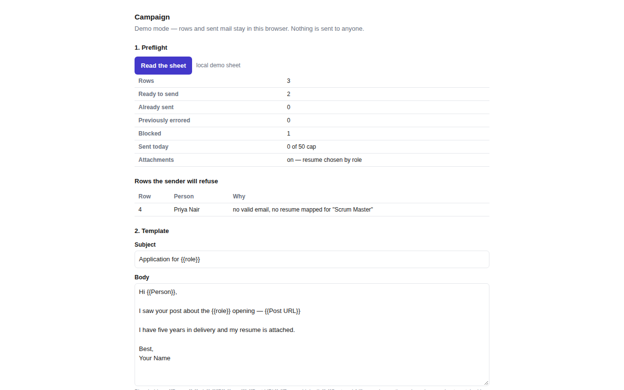 A preflight summary table showing three rows, two ready to send, one blocked, a daily cap of fifty, and attachments on. Below it a table titled Rows the sender will refuse, listing one row with the reason: no valid email, no resume mapped for Scrum Master.