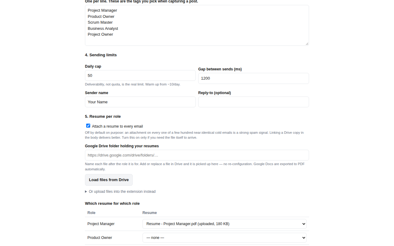 Settings showing an editable list of role tags, a daily cap and gap between sends, and a table mapping each role to a résumé file.